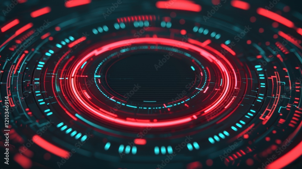 Poster a vibrant, abstract digital design featuring concentric circles with red and teal elements, suggesti