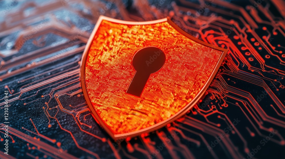Poster a digital shield with a keyhole on a circuit board background symbolizes cybersecurity and online pr