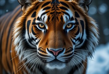 Naklejka premium Portrait of a tiger in a winter setting, its orange fur contrasting with the snow.