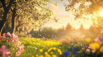 Obraz premium Vibrant spring scenery with flowers in full bloom, trees swaying in the breeze, and a sunny sky, ideal for promotional templates.