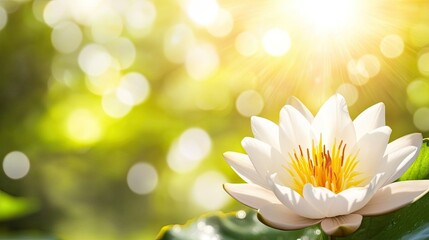 White water lily blossoms in sunlight, serene pond background, nature peace, spa/wellness