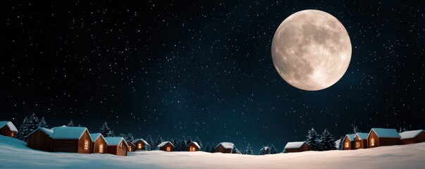 A serene winter night scene featuring snow-covered houses under a bright full moon amidst a starry sky.