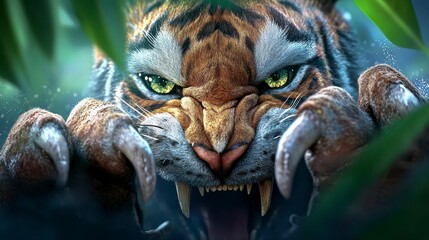 Fierce Close-Up of an Intense Tiger with Lush Green Background