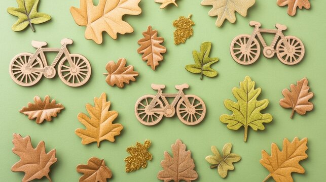 World bicycle day celebration banner with A green background with a variety of leaves scattered around. In the middle of the leaves, there is a bicycle, which is surrounded by other leaves