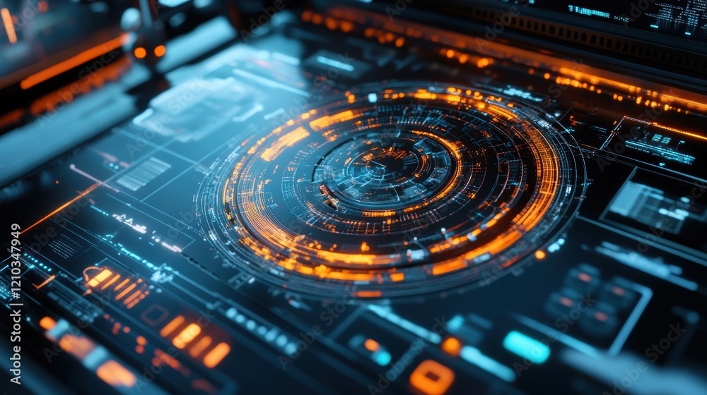 Poster orange and blue futuristic head up display - hud - featuring a rotating circular user interface, sur