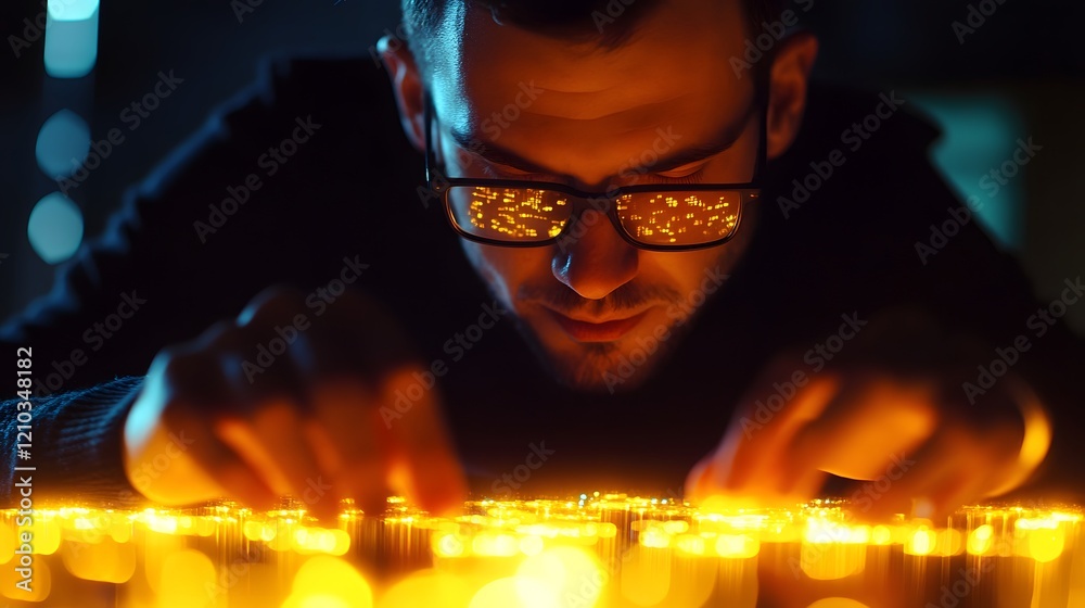 Aufkleber focused individual engaging with bright light source on a table, illuminated with warm colors in a d
