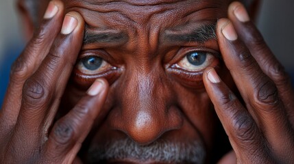 Man suffer from eye pain and rub his tired eyes with hand. Conjunctivitis and other ophthalmology diseases symptoms. Vector illustration.