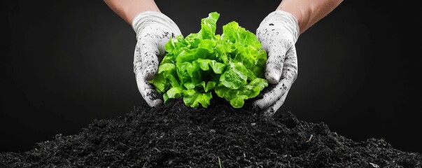 A person in gloves is planting fresh lettuce into dark, rich soil, emphasizing gardening and sustainable agriculture.