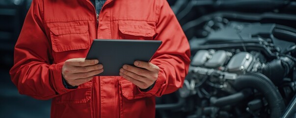 A technician in a red uniform uses a tablet while working near an engine in a workshop.
