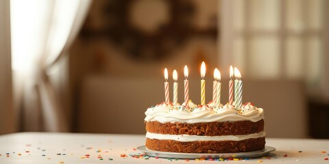 Birthday cake with candles lit on the table, birthday celebration, cake decoration, dessert