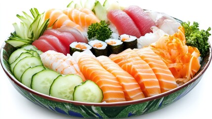 A colorful chirashi sushi bowl with vibrant fish and vegetables on a white backdrop