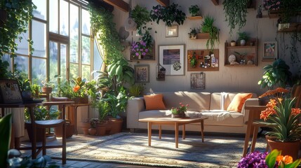 Furniture: sofa, indoor plants, tables, chairs, flower pots. Living room interior silhouette