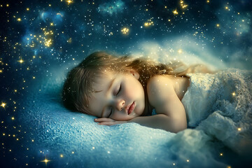  A cute baby is sleeping under the starry night sky, surrounded by stars and the moon