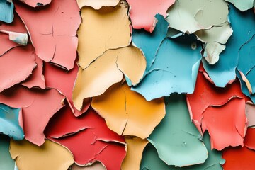 Peeling paint creating bold contrasts with layers of vibrant and muted tones