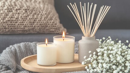 Enjoy a cozy ambiance with an aromatherapy diffuser, candles, and flowers arranged on a wooden tray and a soft blanket nearby