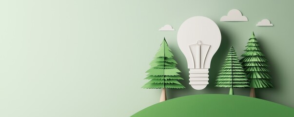 A creative illustration featuring green trees and a light bulb, symbolizing sustainability and innovation in a minimalist design.
