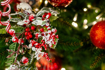 Closeup of a decorated Christmas tree with red berries and candy canes