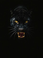 Black panther with piercing yellow eyes and sharp fangs, standing alone and roaring in the dark, black, angry