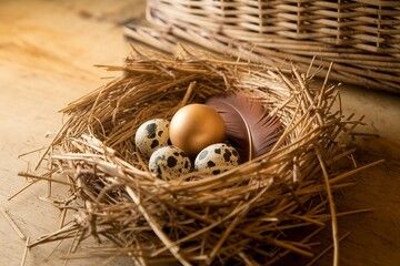 A nest with a golden egg, quail eggs, and a feather on a wooden surface with a wicker basket in the background