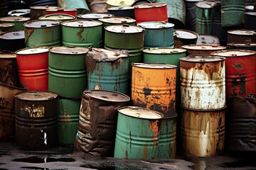 Rust-Eaten Toxic Chemical Barrels. Steel tanks for Oil and Fuel Storage, Some Old and Dirty while Others are New and Green