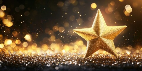 Celebratory Gold Star with Confetti in a Dark Background