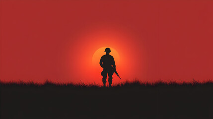 Fototapeta premium A simple vector of a soldier's shadow against a burning horizon, symbolizing the sacrifices of war. Soldier silhouette at sunset.