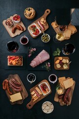 Appetizers table with differents antipasti, charcuterie, snacks and wine