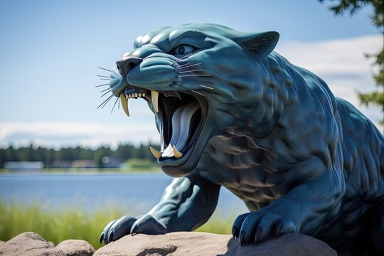 Sculpture in Nature at Bemidji State University: Large Blue Statue on Shore of Lake. Colorful Image of Summer in North America, Minnesota