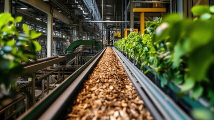 Wood chips are transported on a conveyor belt inside a lumber processing plant, showcasing the efficient movement of raw materials within a modern industrial setting surrounded by green plants