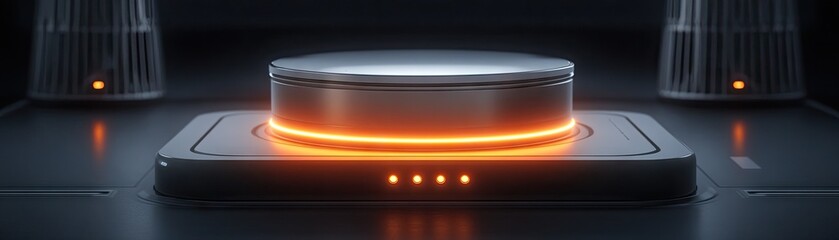 Futuristic control button glows orange, dark background. Website, app UI