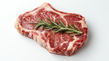 Bistecca alla Fiorentina steak on a white background garnished with rosemary