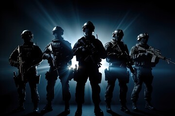 Security Forces in Combat Uniforms Prepared for Action. Silhouette Studio Shot of Military Soldiers with Rifles in Tactical Formation