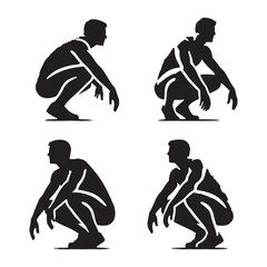 Simple set of crouching man silhouette - man crouching vector set - man crouching illustrations set
