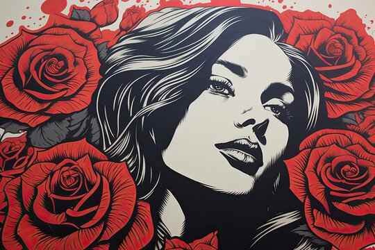 Silk-Screen Printing on T-Shirt. Hand-Printed Serigrafia with a beautiful Rose design on heavenly outdoors, no one around