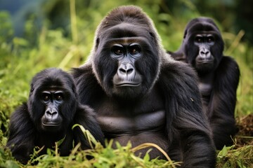 Fototapeta premium Silverback Gorilla Family in Bwindi Impenetrable Forest, Uganda. Endangered Wildlife Mammals in Their Tropical Habitat