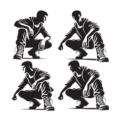 Realistic set of crouching man silhouette - man crouching vector set - man crouching illustrations set
