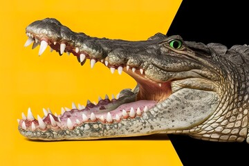Obraz premium crocodile head with toothy mouth and green eye close up on a yellow background
