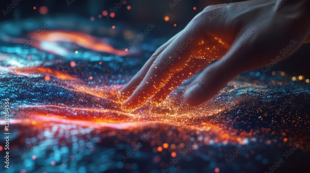 Poster hand gently interacts with a vibrant field of glowing particles, illuminating the connection between