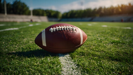 ballon de football américain déposé sur le terrain du stade 