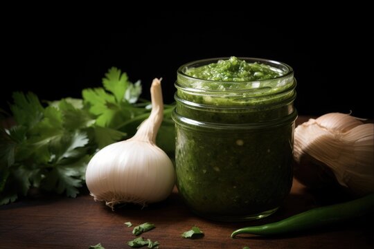 Sofrito: A Flavorful Puerto Rican Condiment of Cilantro, Onion, Garlic and Spices, Stored in Glass Jar for Kitchen Use