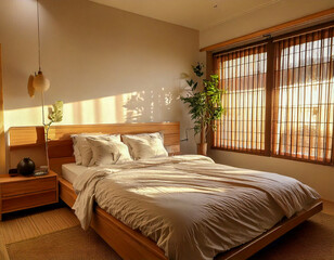 Fototapeta premium Cozy Bedroom with Natural Light,A cozy bedroom with a large bed, wooden furniture, soft lighting, and a large window letting in natural light.