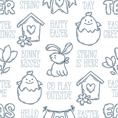 Easter hand-drawn engraving doodle and lettering seamless pattern. Cute black and white spring symbols with double strokes - chickens, rabbits, eggs and flowers