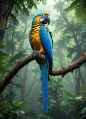 Obraz premium Blue macaw resting on a branch in the rainforest canopy, greenery, tropical environment