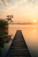 Fototapeta premium The stillness of sunrise on a lake with gentle ripples and a dock bathed in golden glow. 