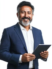 Business Professional Smiling and Holding Tablet