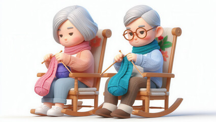 Elderly couple knitting together in cozy living room charming cartoon style joyful scene
