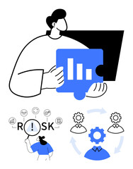 Fototapeta premium Man holding puzzle with bar chart, risk magnifier analyzing factors, and gear cycles denoting workflow. Ideal for business, strategy, analysis, process, risk, management abstract line flat metaphor