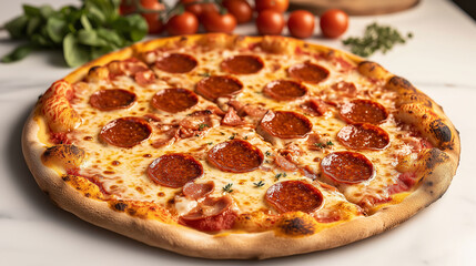 A classic pepperoni pizza with perfectly crispy edges and melted cheese, placed on a marble countertop in a modern kitchen setting