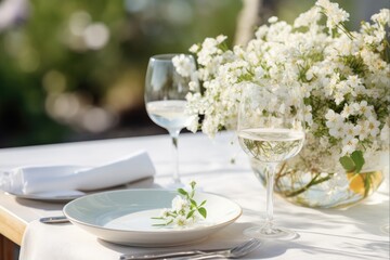 Fototapeta premium Spring Table Setting with White Flowers for Dinner Celebration - Cutlery, Flowers, and Decoration on White Table Background