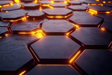Radiating hexagonal grids with glowing seams and alternating matte and metallic finishes